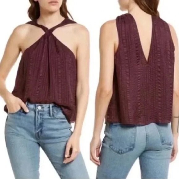 Frame Draped Textured Silk Halter Top In Cabernet - Picture 1 of 7